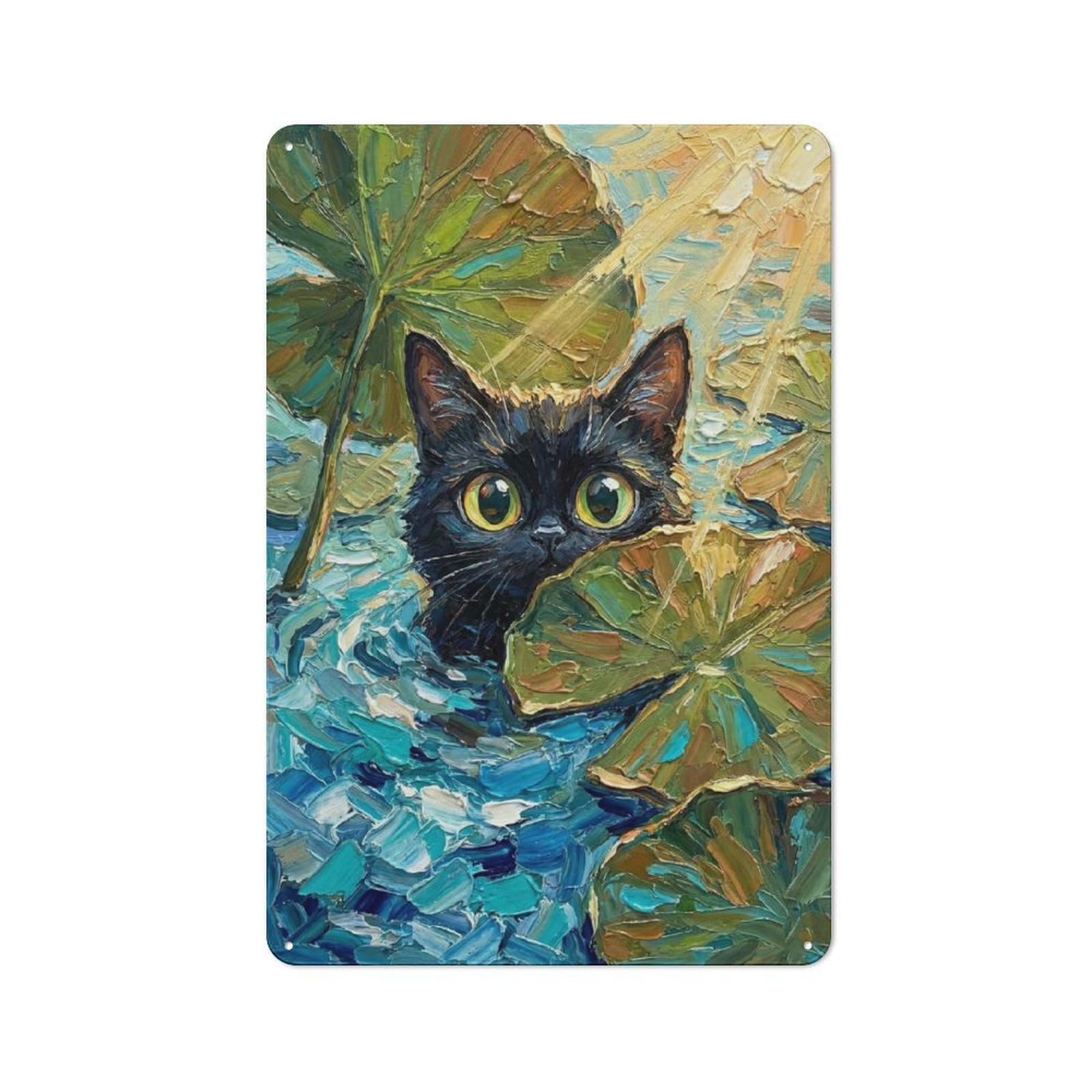 Junmoney Style-24 Retro Metal Wall Sign 30X20cm With Black Cat Peeking In Lily Pond – Textured Impasto Oil Painting For Workshop Wall, For Kitchen, Dining Room And Home Bar Wall Decor