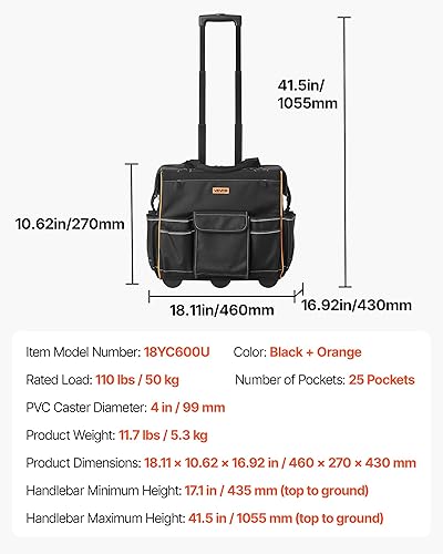 Miniatura 7 de VEVOR Bolsa de herramientas con ruedas de 18 pulgadas, capacidad de carga de 110 libras, bolsa de herramientas con rodillo resistente con mango