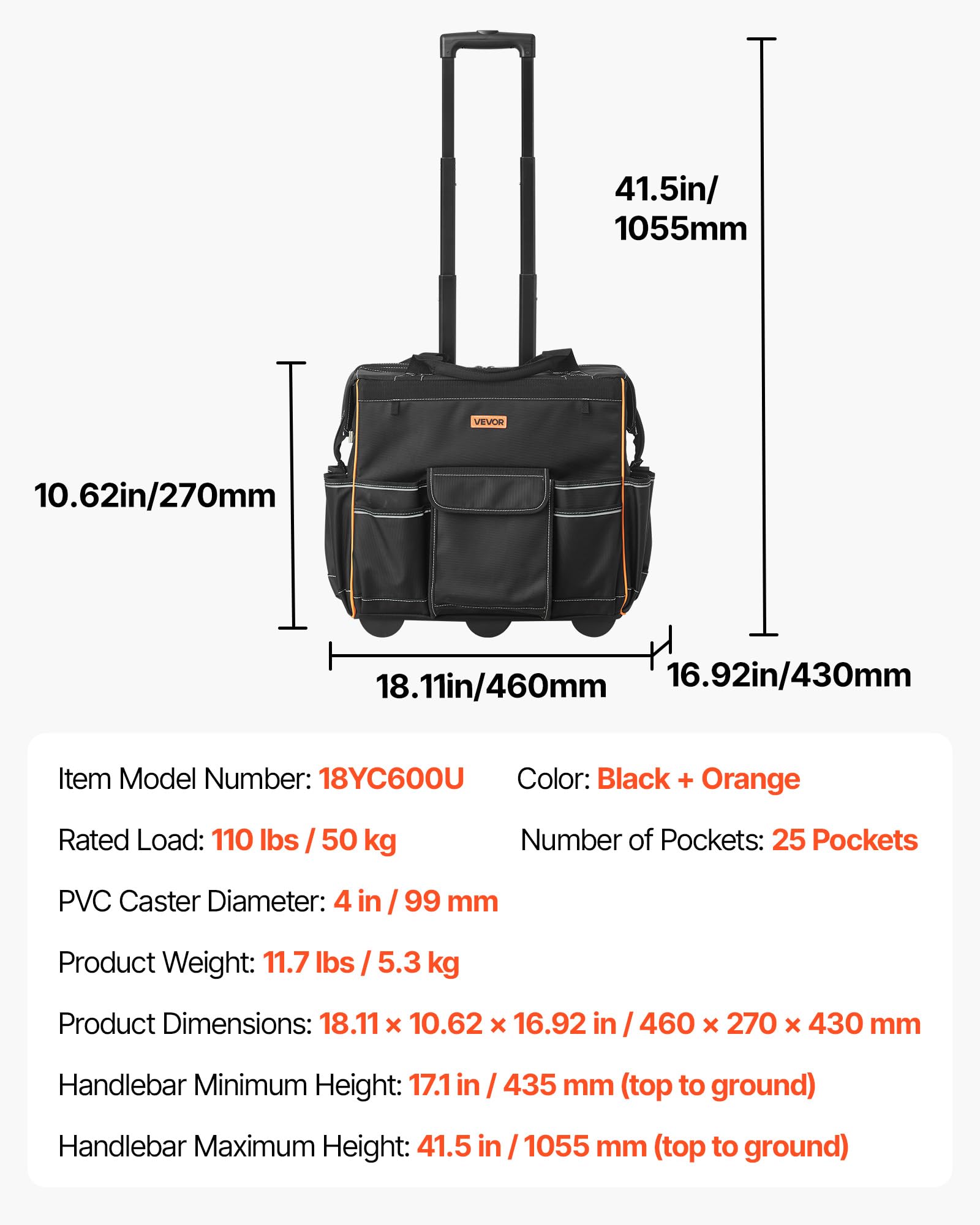 VEVOR Zaino Portautensili con Ruote, Capacità 50 kg, Borsa Portautensili con Ruote da 25 Tasche, Maniglia Telescopica Regolabile e Base Stabile, Organizzatore per Borse per Edilizia, Meccanico