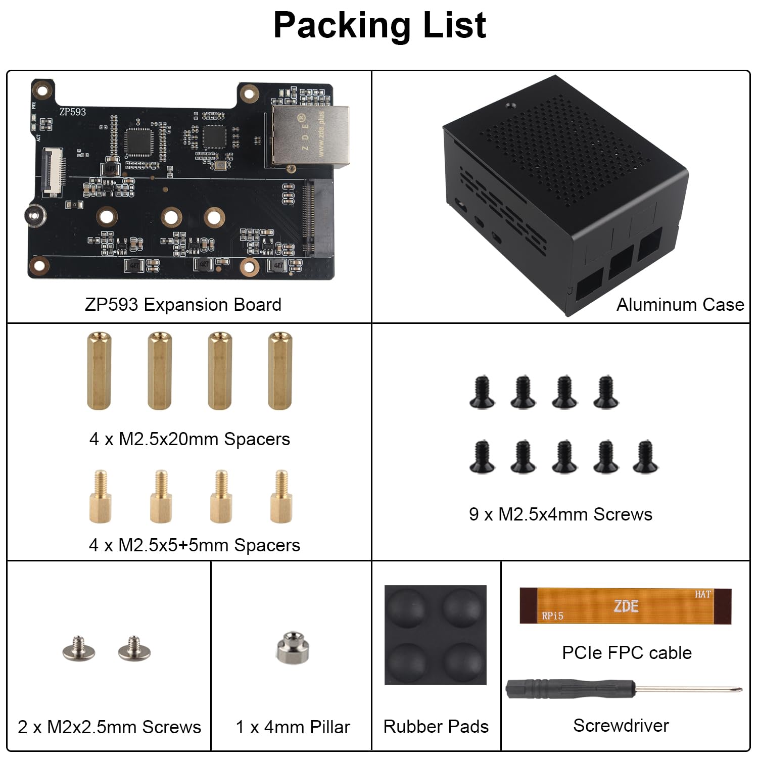 ZDE ZP593 PCIe to 2.5G Ethernet Port PCIe to M.2 Key M NVMe SSD HAT Expansion Board 2.5GB 2.5GBE with ZC506 Aluminum Case for Raspberry Pi 5 2GB 4GB 8GB 16GB
