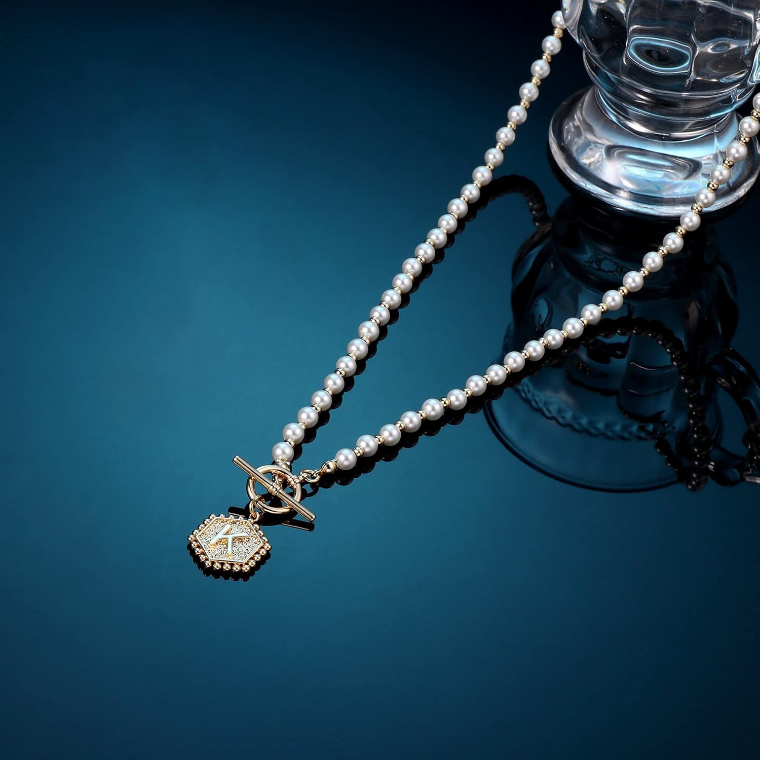 Miniatura 6 de Collar de perlas con inicial de oro para mujer, chapado en oro de 14 quilates, hecho a mano de 0.197in, collar de perlas de imitación redondo,