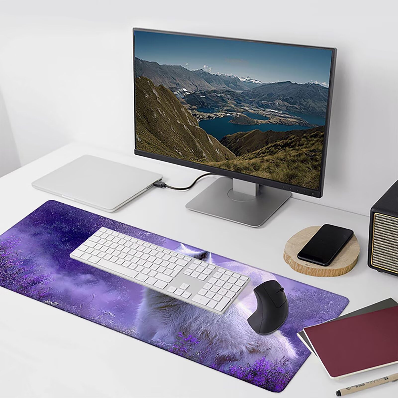 Tappetino Mouse Gaming Viola Tappetino Mouse XXL 1000x500x3 mm, Wolf Mousepad Accessori Gaming con Bordi Cuciti, Sottomano Scrivania Migliorare la Precisione e la Velocità per Giocatori, Regalo w-6374