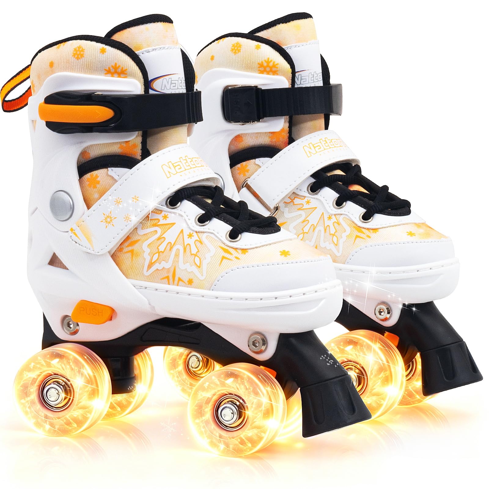 Nattork Kids Adjustable Roller Skates - Snowflake Pattern Quad Skates for Girls Boys Safe & Comfortable Skates for Children Beginners Orange Size 10C 11C 12C 13C