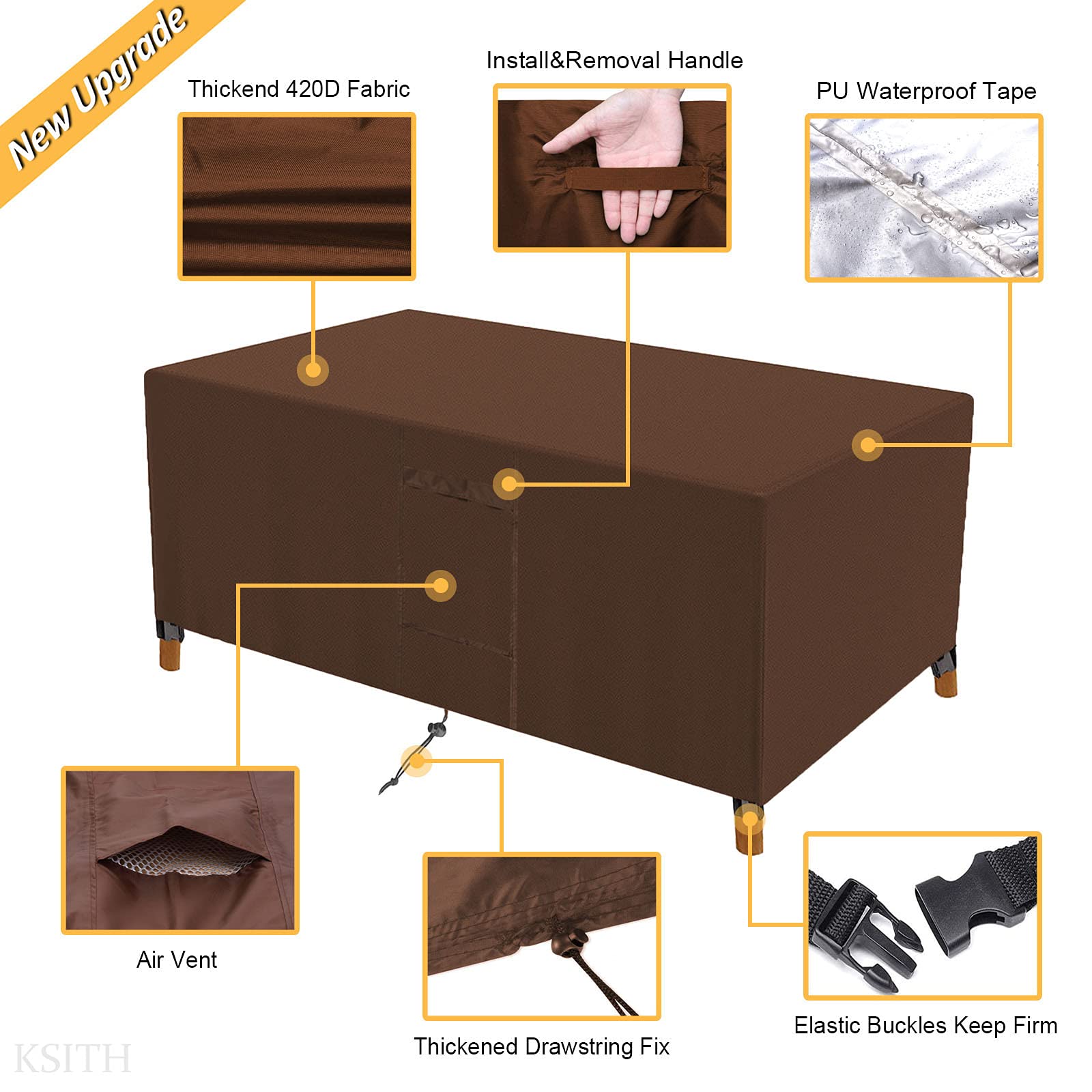 Copertura impermeabile per mobili da giardino con 4 fibbie antivento in tessuto Oxford 420D, anti UV e anti strappo, copertura per esterni, per tavolo, sedia, divano, marrone, 180 x 120 x 74 cm