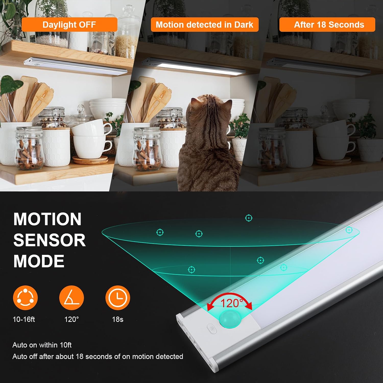 Okumoe [2 Pack] LED Motion Sensor Under Cabinet Lights, 36 LEDs Wireless Rechargeable Under Counter Light, 1100 mAh Battery Operated Smart Home Lighting for Kitchen, Closets, Wardrobe, Hallway