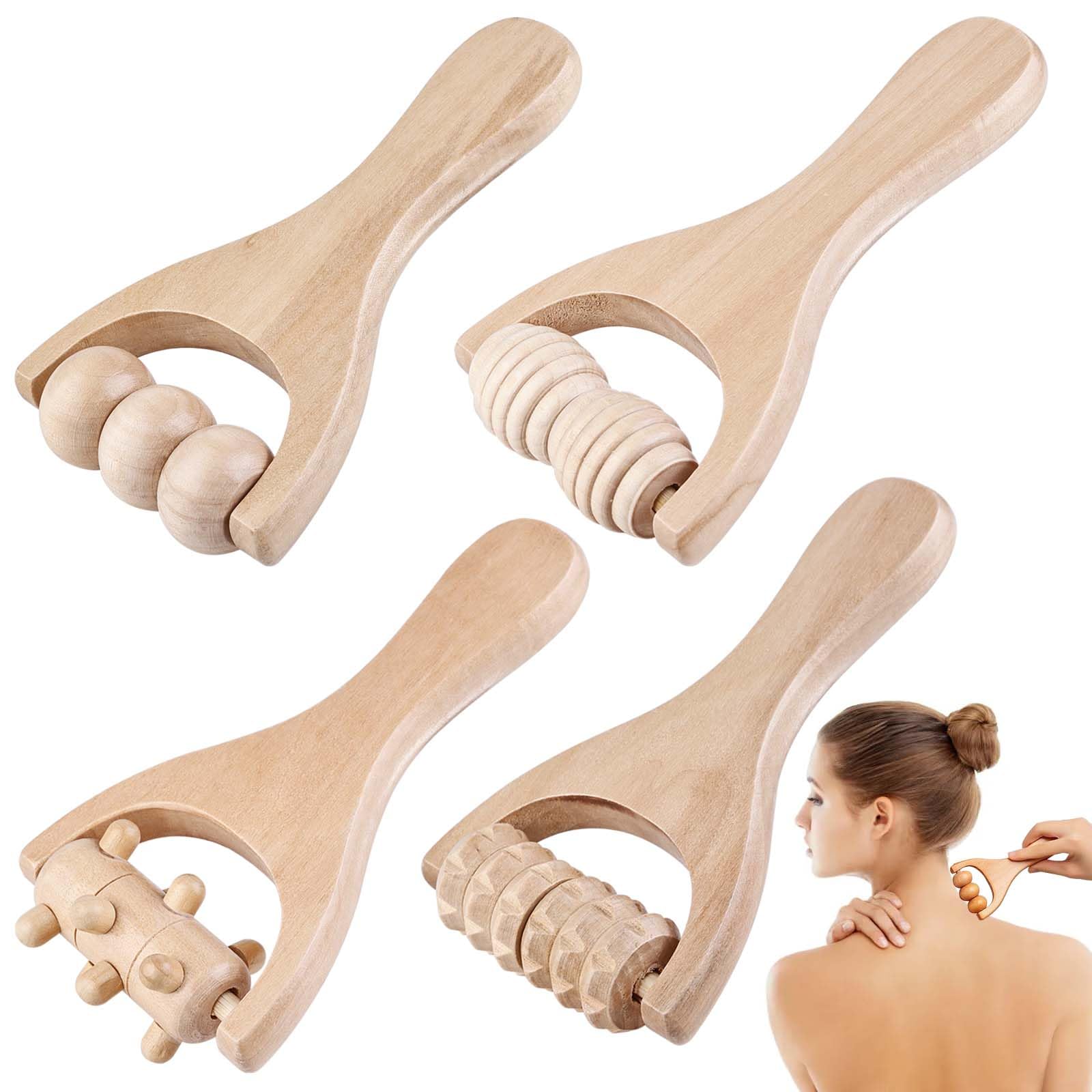 4 rodillos de masaje de madera, rodillo de masaje manual con mango, rodillo de masaje para la fascia, rodillo de madera de adultos, espalda, piernas, manos, músculos de todo el cuerpo