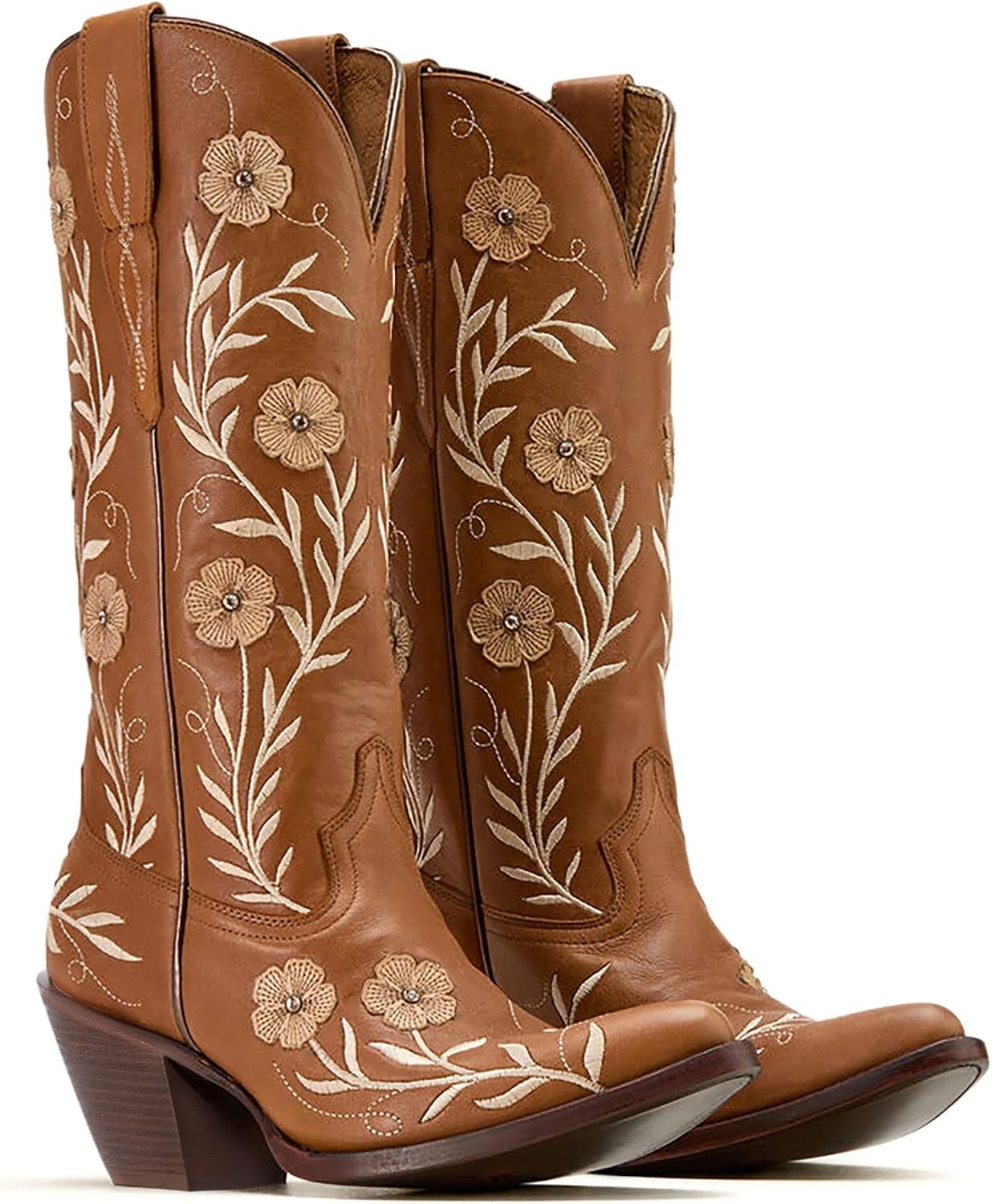 Goiphrri Womens Cowboy Boots Wide Calf Chunky Block Heel Pointed Toe Flower Embroidered Western Cowgirl Knee High Boots For Women Girl Ladies Tall Boot