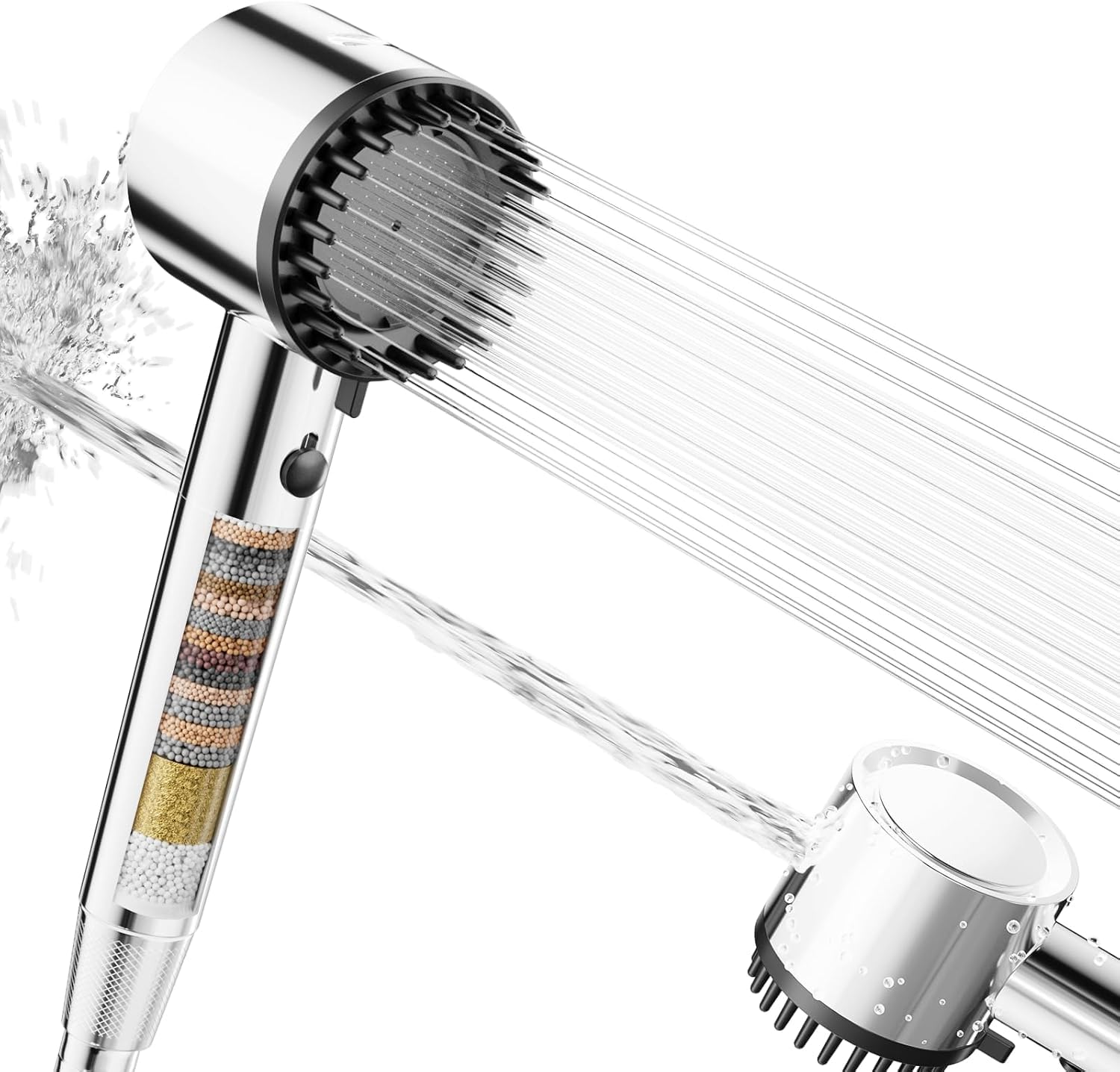 Cobbe Testina Doccia con Filtro, Doccetta Alta Pressione con Filtrazione a 20 Strati, 5 Modalità Getto con Tubo da 1,5M, Soffione Risparmio Idrico per Acqua Dura, Cloro Residuo e Batteri (Cromo)