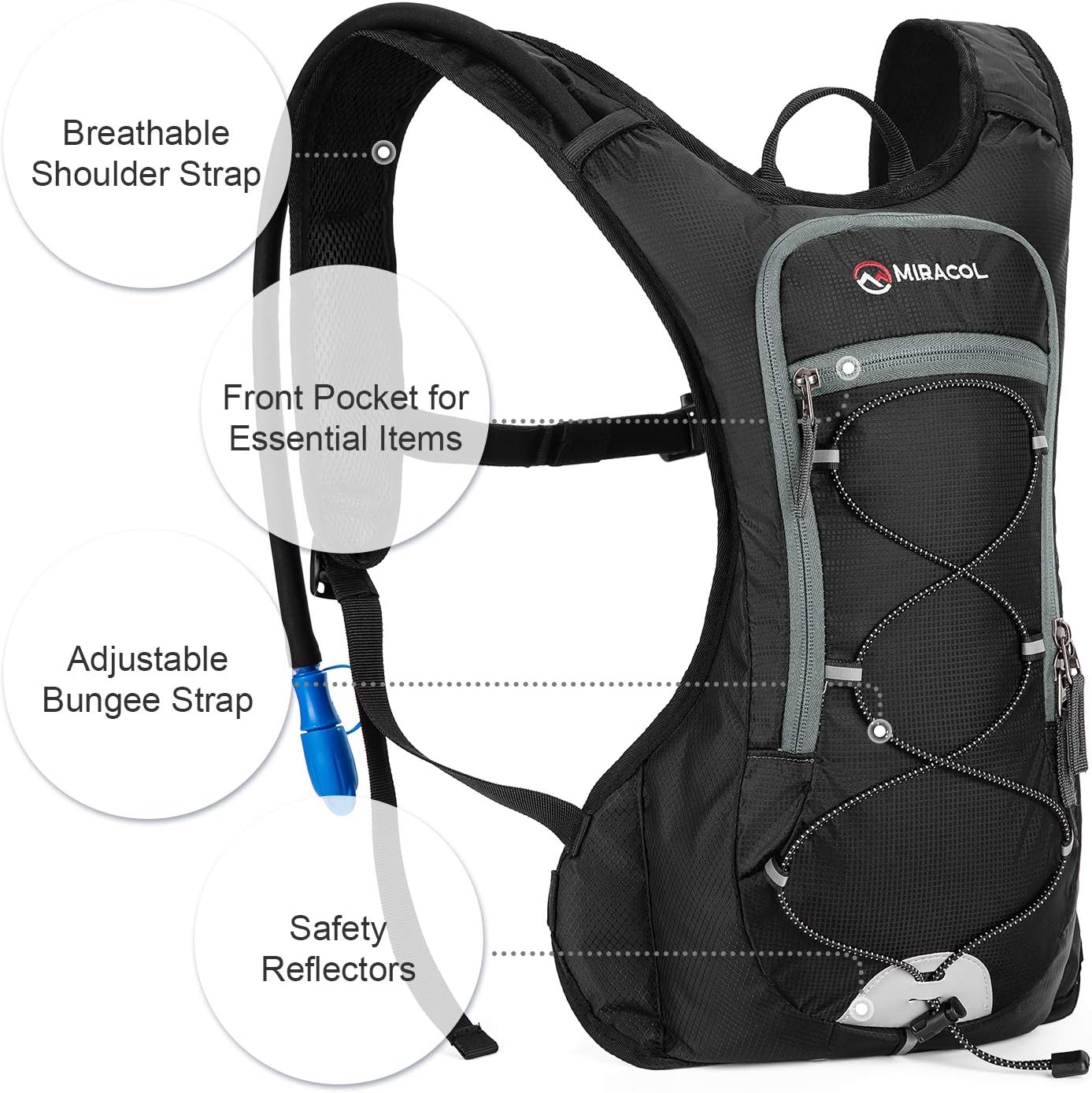 MIRACOL Hydration Backpack, Small Water Backpack with 2L BPA-Free Bladder, Lightweight Hydration Pack for Running Hiking Climbing Biking Cycling Skiing Fits Men Women & Kids (Black) : Sports & Outdoors