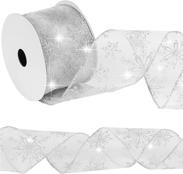 11Yard Glitter Metallic Sparkle Snowflake Ribbons, 2.5inch Organza Ribbon Snowflake Wired Sheer Glitter Ribbon with Spool for Christmas Decoration Gift Wrapping DIY Crafts Bows Wreaths (Silver)