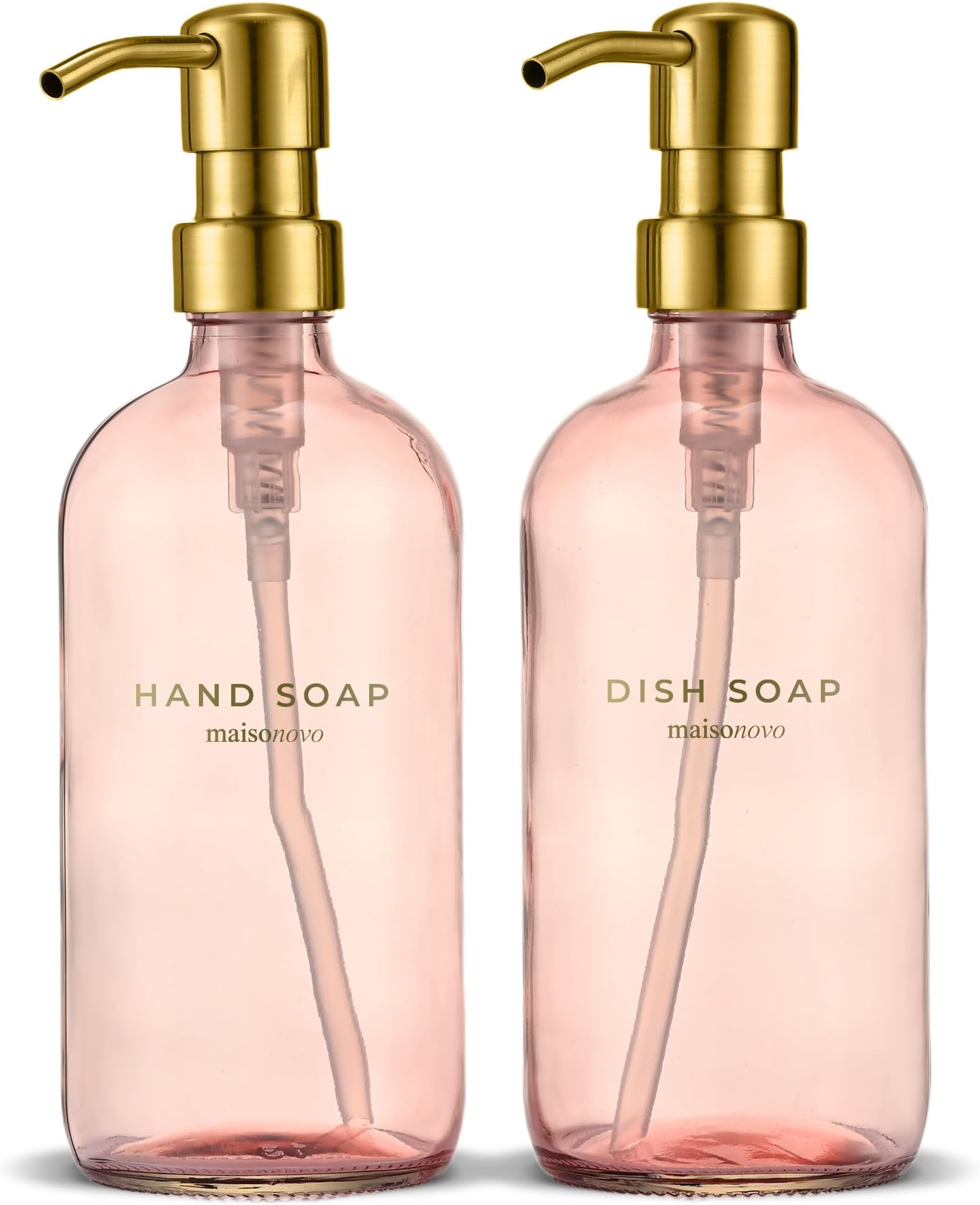 MaisoNovo Hand and Dish Soap Dispenser Kitchen Set - 500 ml Pink Glass Soap Dispenser Bottle with Pump Golden x 2, Waterproof Labels