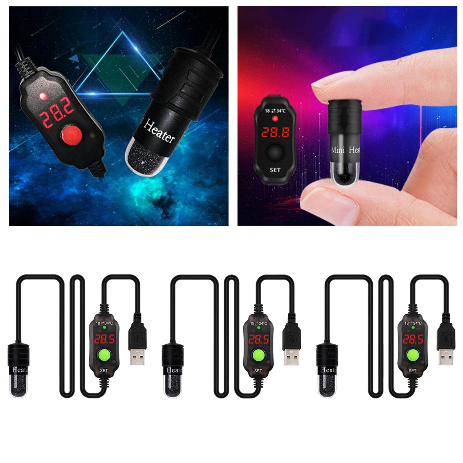 3X Calentador de Acuario Varilla Termostato Sumergible Controlador de Temperatura Ajustable USB Pantalla LED Digital Material Nichrome Protección de