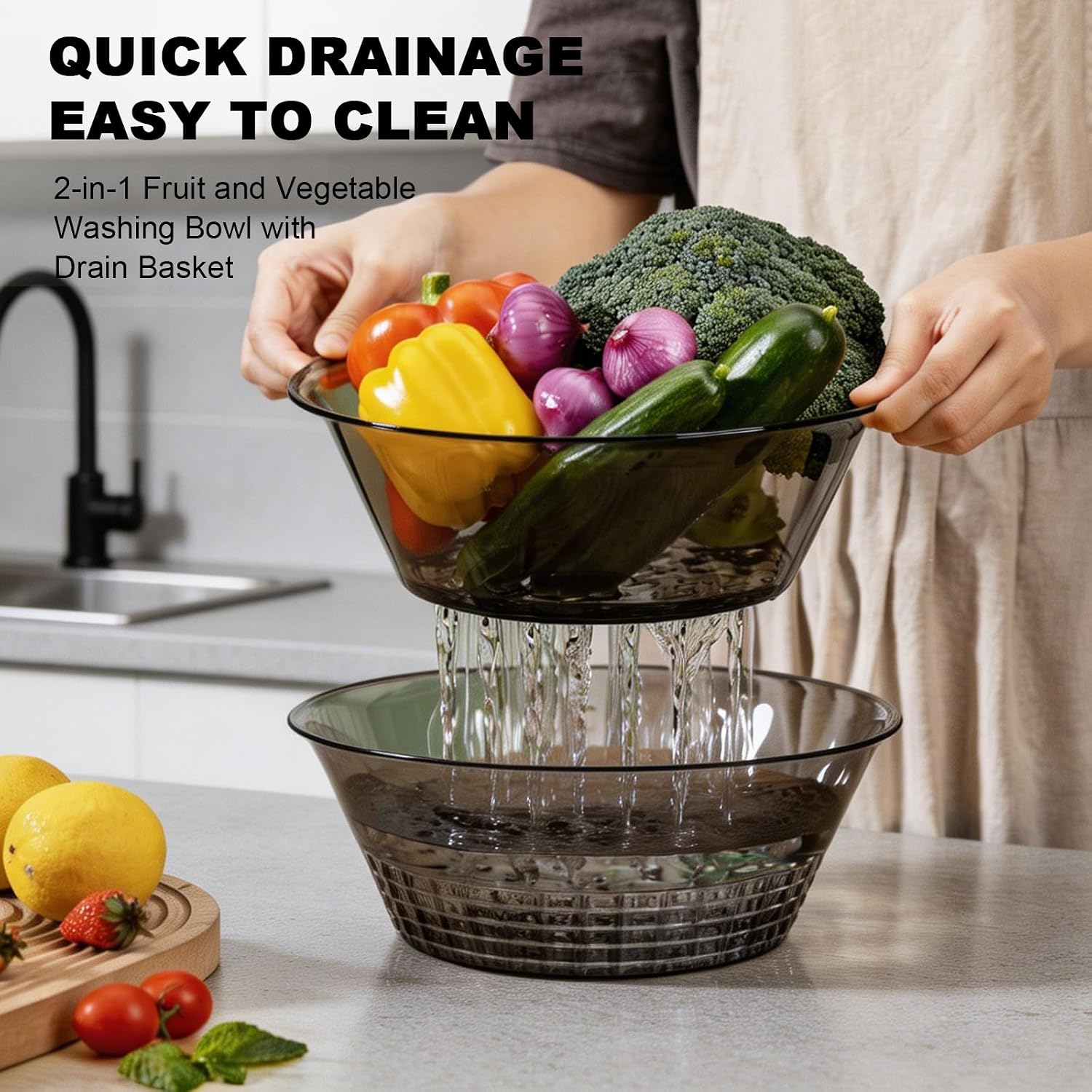 Shock-Resistant Plastic Colander for Kitchen Set of 6, 2 in 1 Nesting Fruit Washing Bowl with Strainer - Colander and Bowl Set, BPA Free Strainers and Colanders for Vegetable Pasta (See-Through Black)