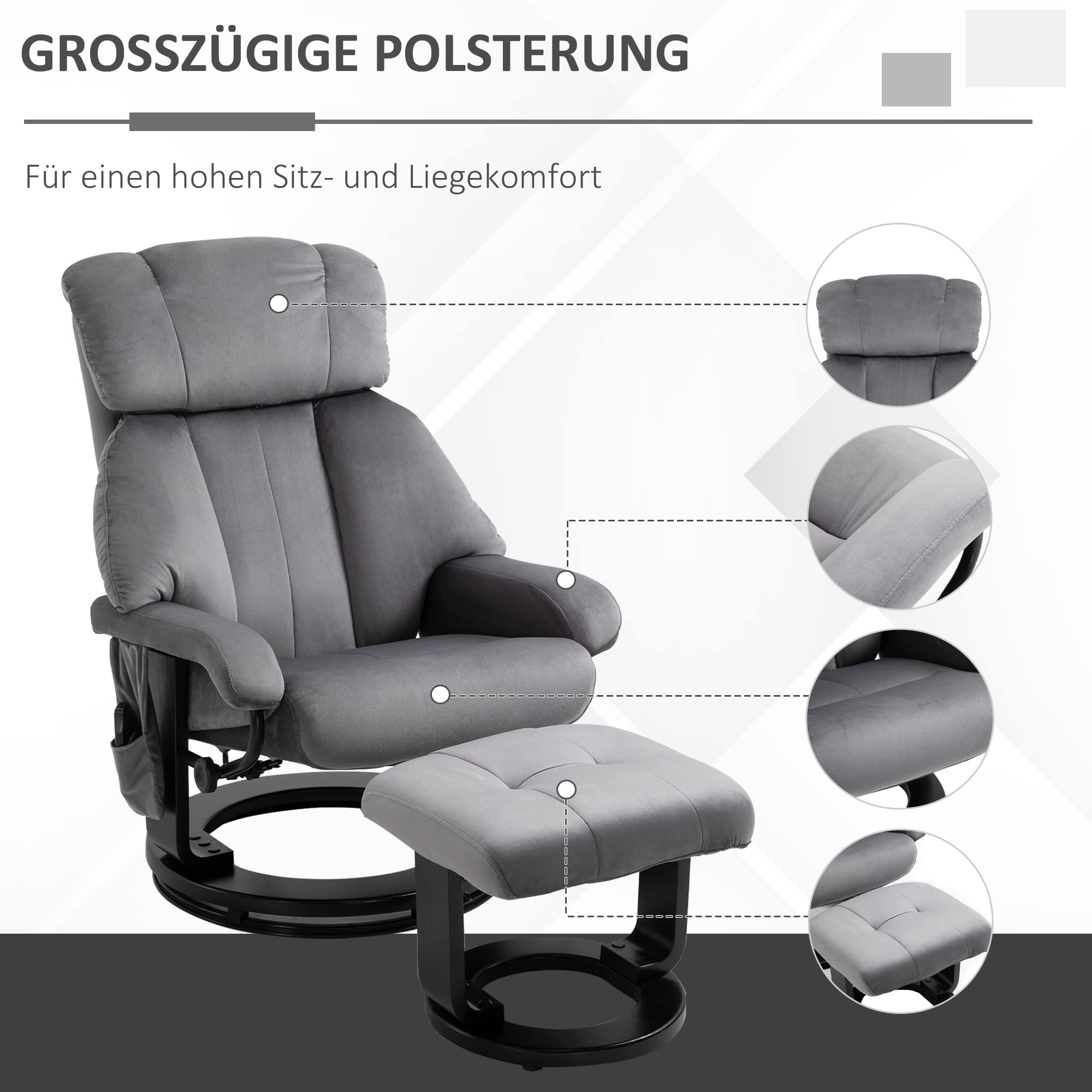 HOMCOM Relaxsessel mit Hocker Schwingmassage Liegefunktion Grau