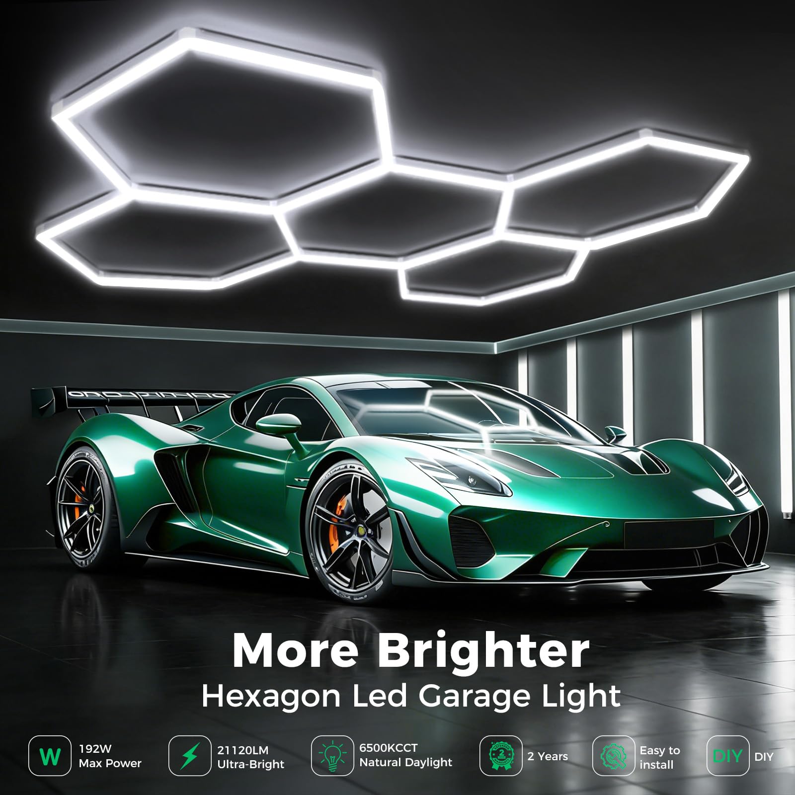 Plafoniera LED esagonale per garage 5 hex, 192W luci tubolari | 6500K 21120LM luci da soffitto DIY LED collegabili per dettagli auto magazzino seminterrato cura dell'auto lavanderia