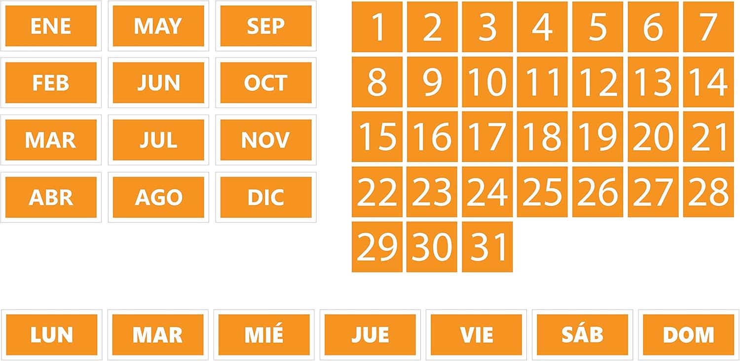 Whiteboard Calendar Magnet Spanish Bundle (Dates, Days of The Week, Months) by DCM Solutions (Orange, 1"x1")