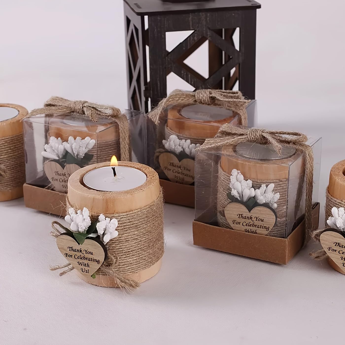 Personalisierte Hochzeitskerze, Gastgeschenke für Gäste in Großpackung, rustikaler Teelichthalter aus Holz, Brautparty, rustikale Hochzeitsdekoration (50 Stück)