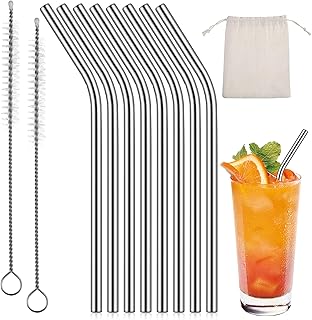 10 Pack 6 Inch Short Bent Metal Cocktails Straws, Short Metal Straws, Reusable Stainless Steel Straw with 2 Cleaning Brush for Coffee Mugs, Small Glasses or Cups