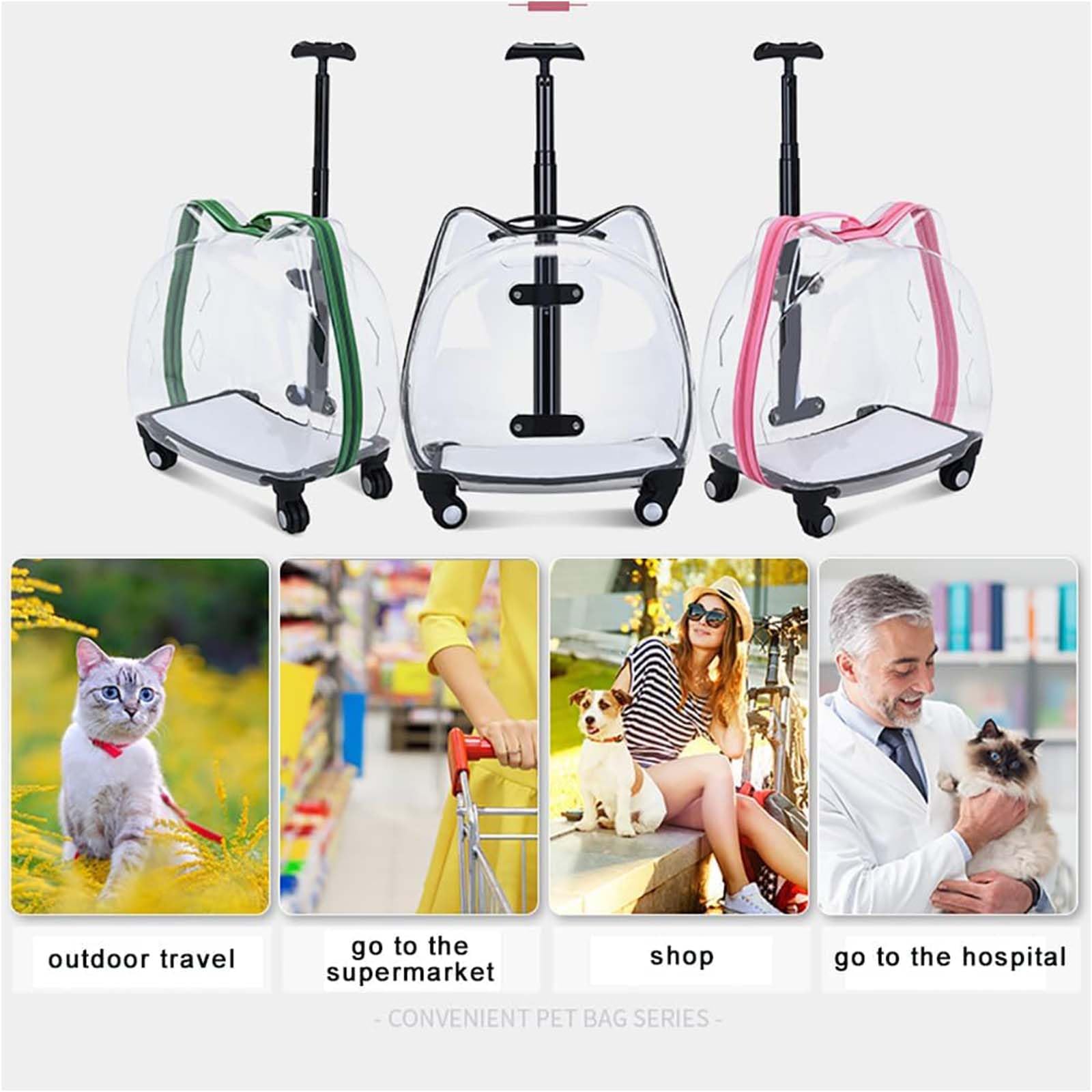 Trolley trasparente per animali domestici, zaino rigido traspirante con ruote girevoli, ideale per viaggi e gatti di piccola taglia
