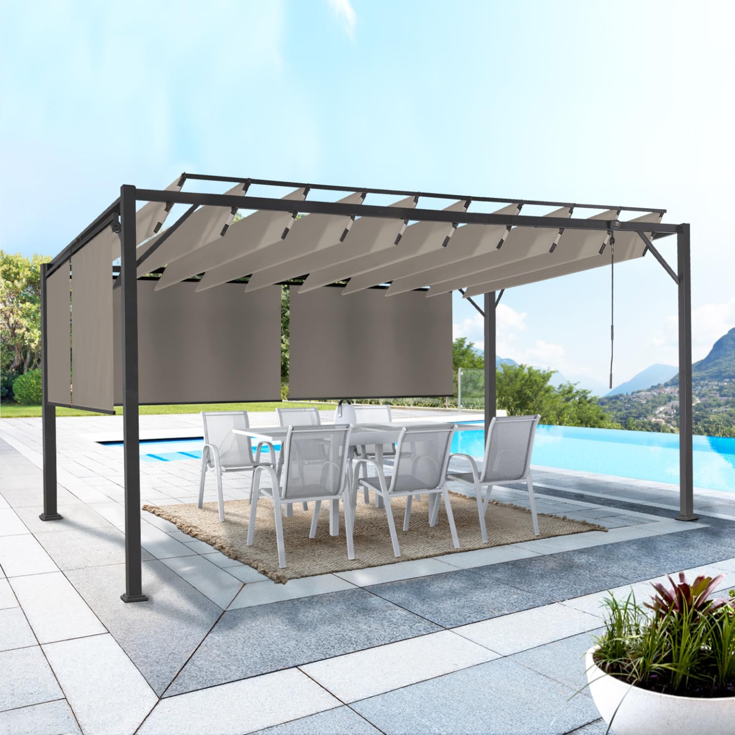 IDMarket - Pergola édition Luxe Lames orientables 3x4 M et 4 Stores Taupe
