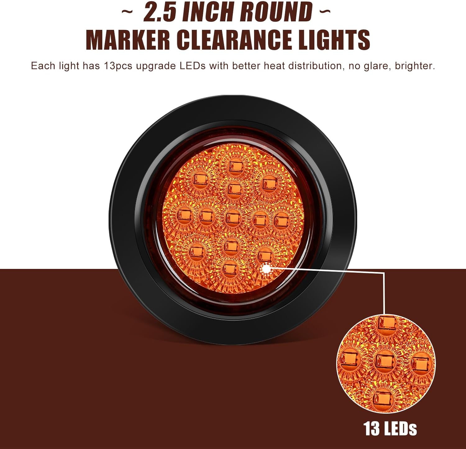10PCS 2.5" Inch Round Amber Trailer LED Side Marker Clearance Lights Kit IP67 Waterproof 13 LED w/Grommets and 2 Prong Pigtails for 12V Truck Trailer RV Van Boat