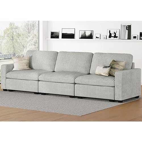 Belffin Modular Sectional Sofa with Storage Seat, Oversized Cloud Couch Sectional with Extra Deep Seat, Comfy 3 Seater Sectional Couches for Living Room, Plush Corduroy Light Grey