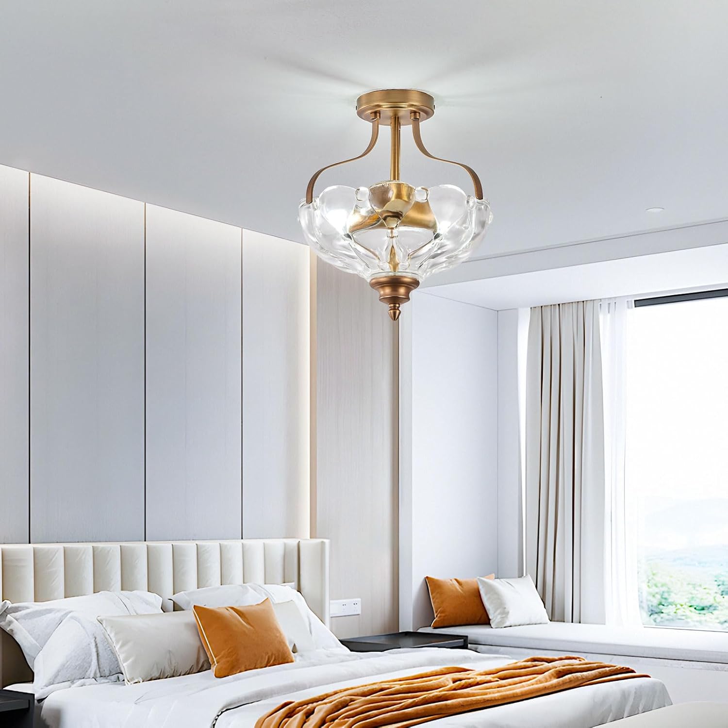 Vintage Semi Flush Mount Ceiling Light, 2-Bulb Brass Glass Close to Ceiling Light, Indoor Hanging Light for Bedroom Kitchen Porch Hallway,Bulbs Not Included