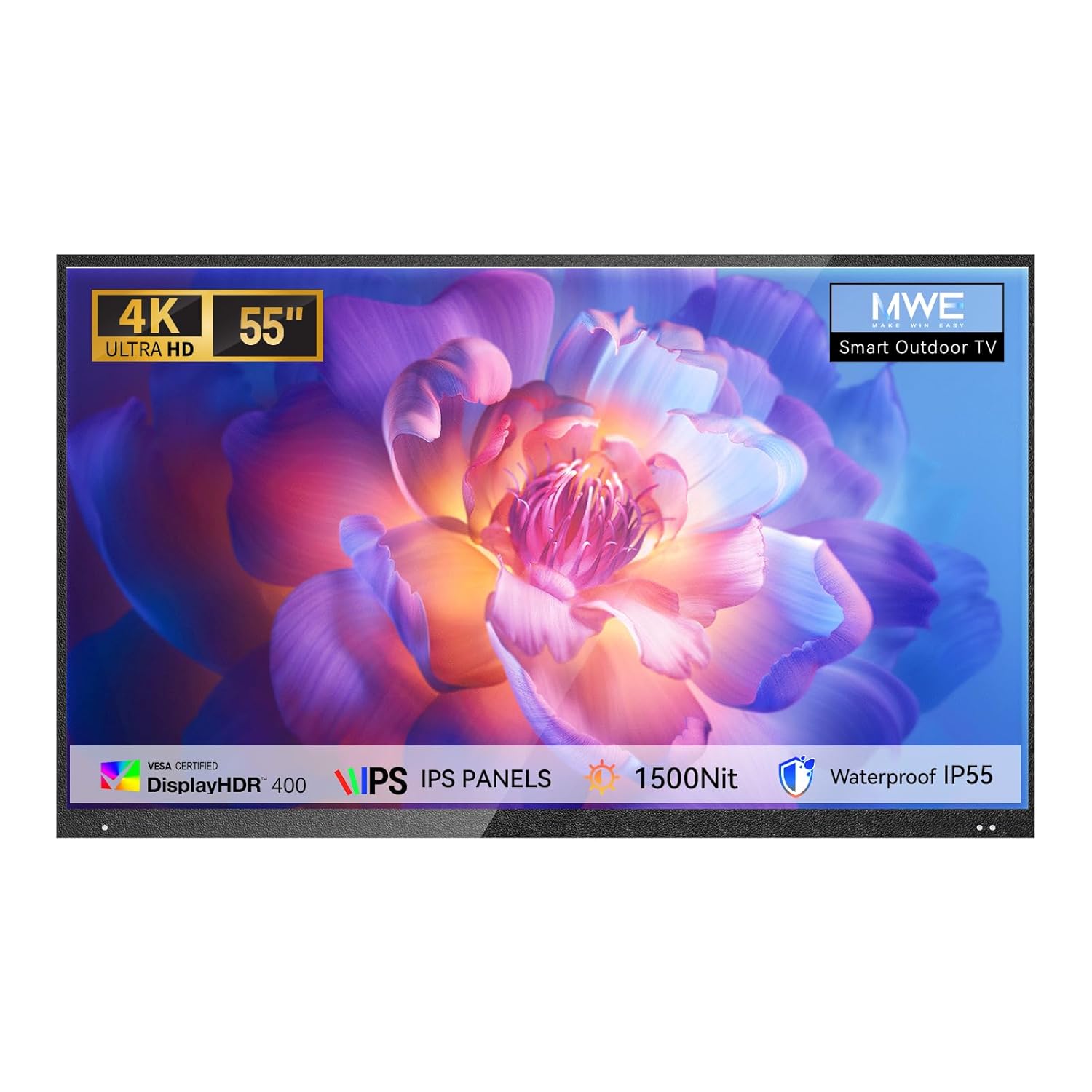 MWE 55 Outdoor TV Weatherproof Television All-Weather Smart TV 1500Nit Ultra-Bright 4K UHD Voice Control WebOS System Perfect