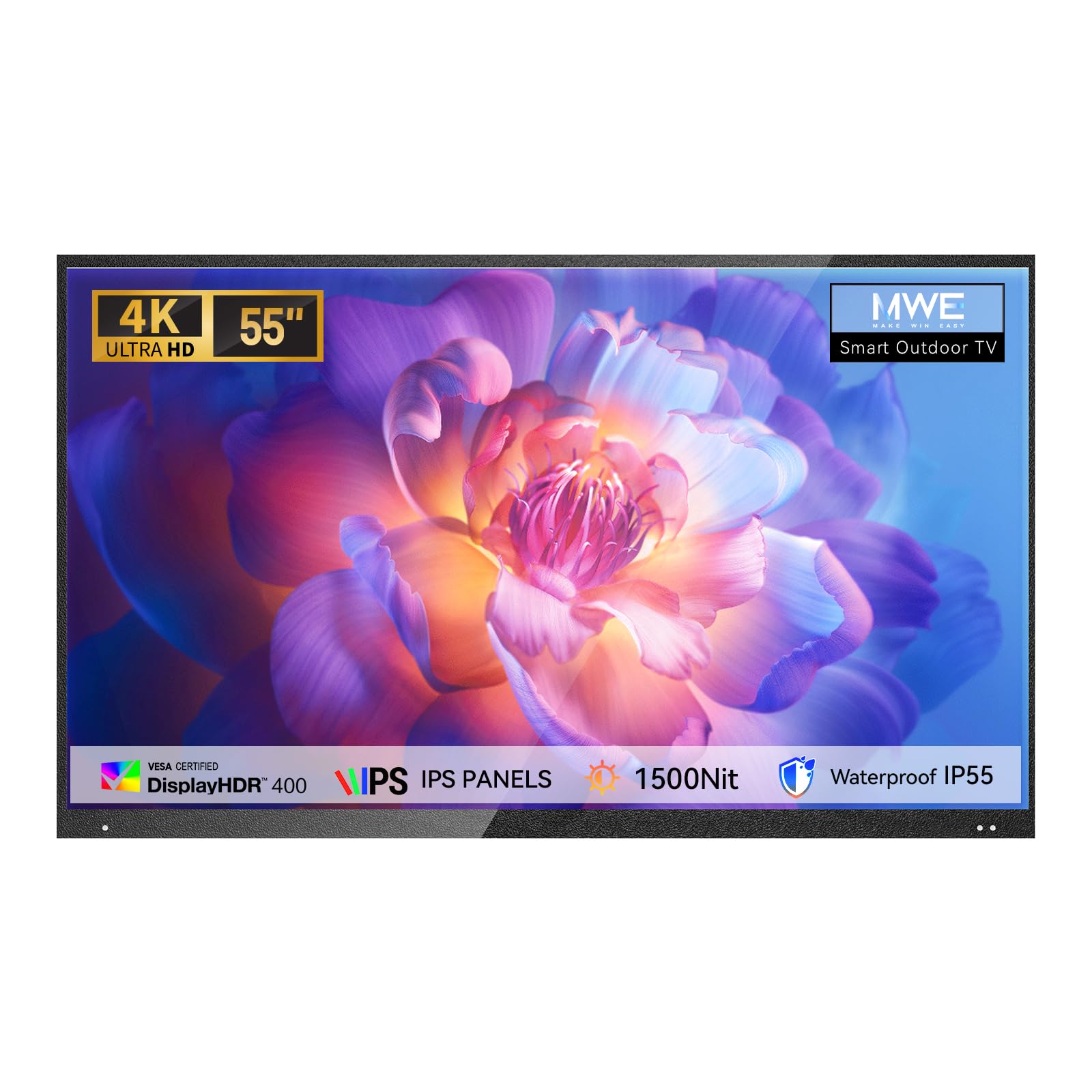 MWE 55 Outdoor TV Weatherproof Television All-Weather Smart TV 1500Nit Ultra-Bright 4K UHD Voice Control WebOS System Perfect