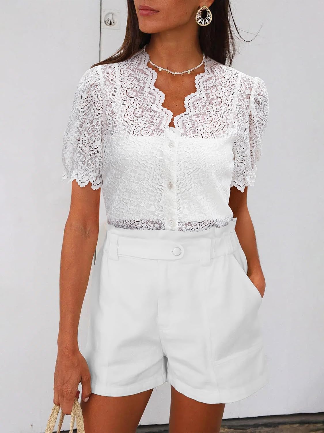 Women Lace Tops Summer V Neck Dressy Casual Button Down Blouses Ruffle Short Sleeve Business Work Shirts - Image 7