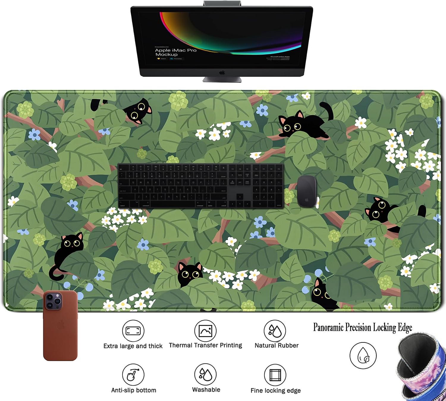 Kawaii Anime Aesthetic Black Cat Forest Plant Desk Mat, Green Sage XXL Large Extended Mouse Pad Gaming Cute Cats Desk pad, Laptop Keyboard and Mouse Mat for Women Desktop Office Decor 31.5x15.7 in image 3