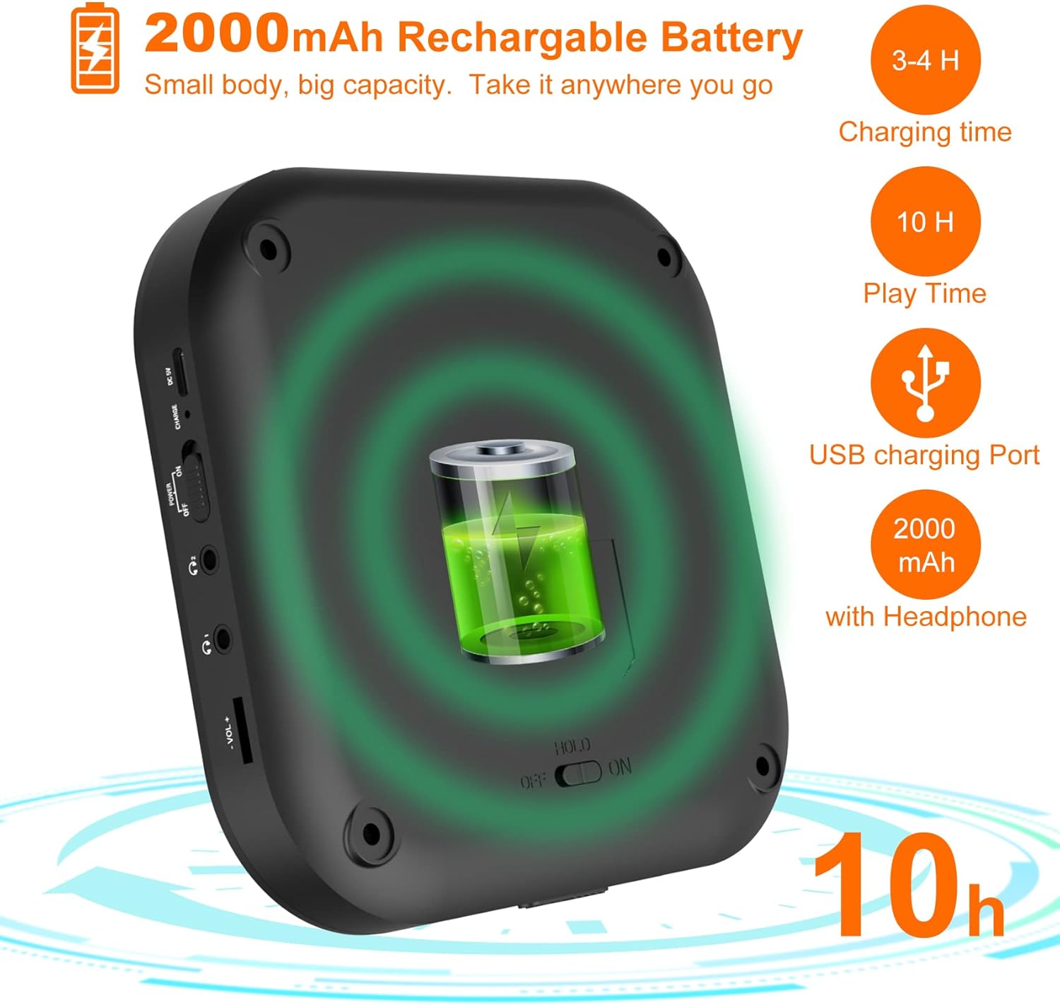 Diagram showing the 2000mAh rechargeable battery and USB charging port.