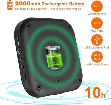 MONODEAL CD Player Portable, Bluetooth CD Player with Speakers and FM Transmitter, Rechargeable 1800mAh Player for Car and Home with LED Screen