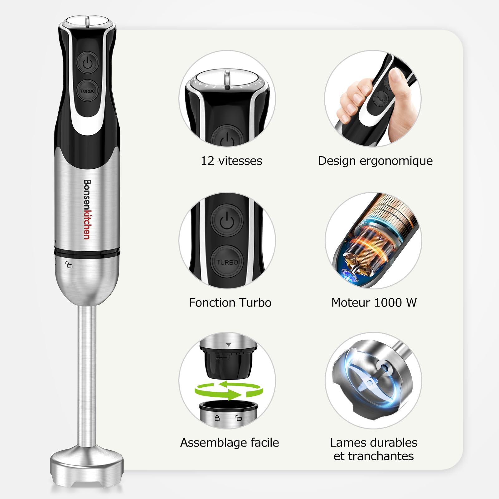 Bonsenkitchen Mixeur Plongeant 4-en-1, 1000W Inox avec 12 Vitesses et Fonction Turbo, Fouet, Verre Doseur 700ml, Hachoir – Idéal pour Aliments Bébé, Soupes & Smoothies