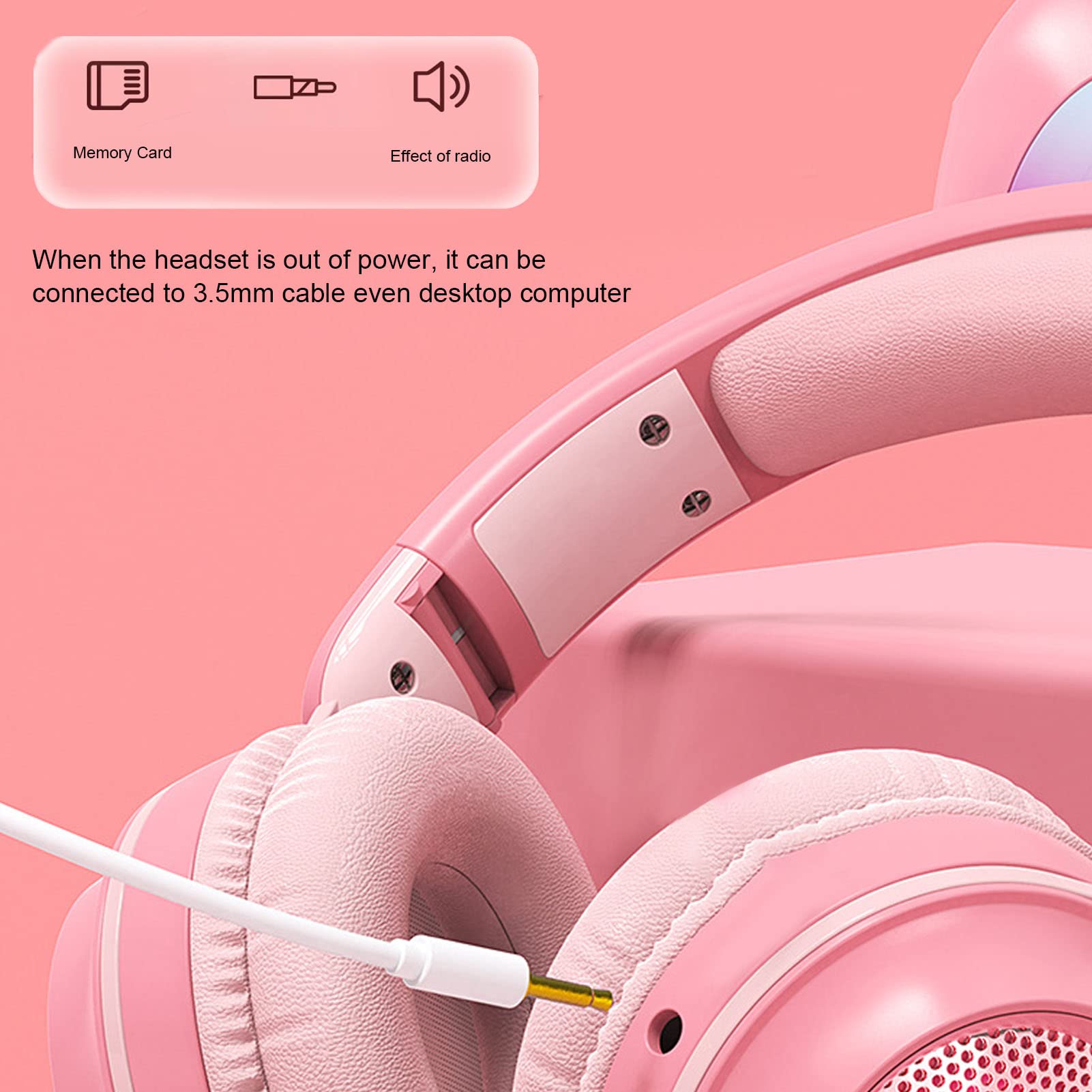 Cuffie Bluetooth 5.0 Pieghevoli con Microfono Simpatico Orecchio di Coniglio Cuffie Over-Ear Wireless per Bambini Verdi Adolescenti Adulti, 12 Ore di Ascolto, TF/Aux, 7 Modelli Integrati Luce(Rosa)