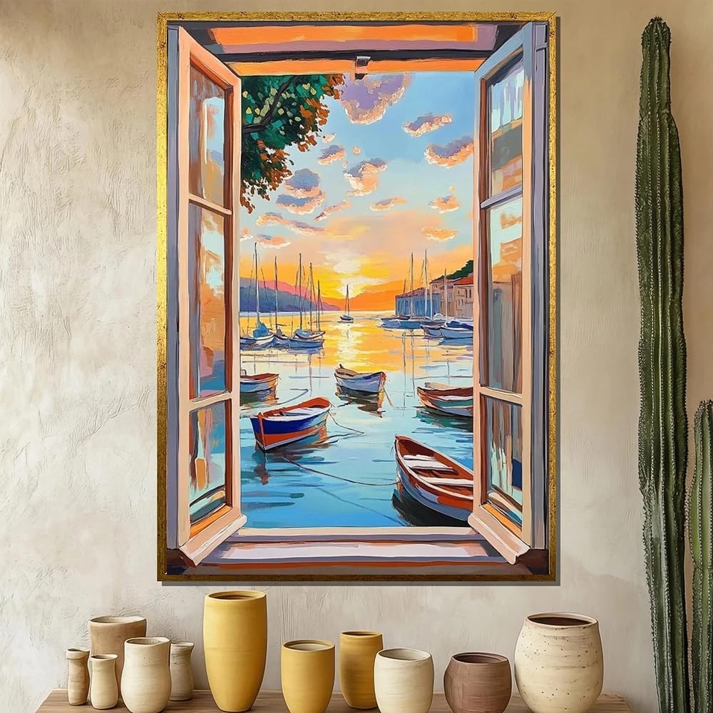 LTjiajuypd Canvas Prints Poster Open Window Henri Matisse Print, Mediterranean Boats At Sunset Coastal Art Home Living Room Decor(60x85cm)