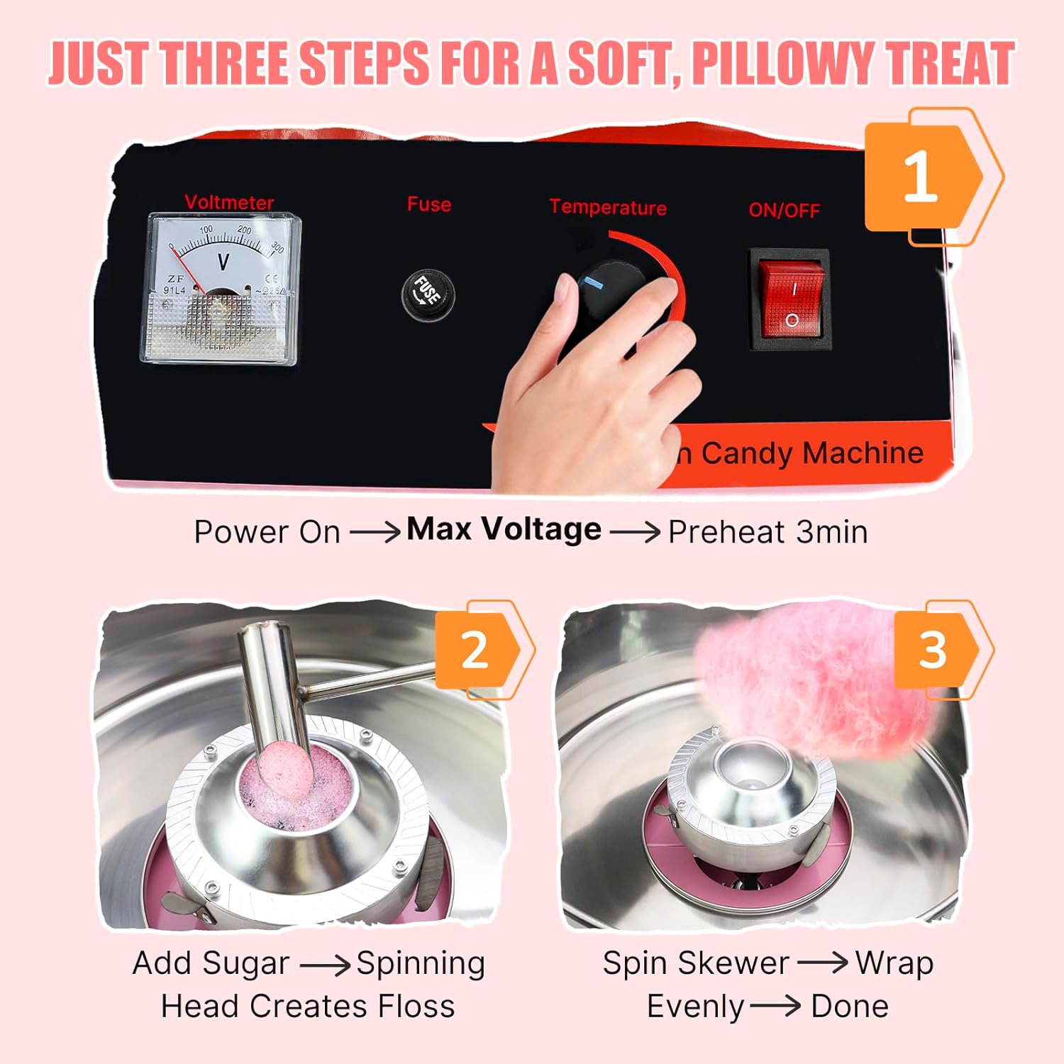 Cotton Candy Machine Commercial, 1000W Professional Cotton Candy Maker Machine with Stainless Steel Bowl, Sugar Scoop and Fuse, Electric Candy Floss Maker for Home Kids Birthday, Family Party, Pink