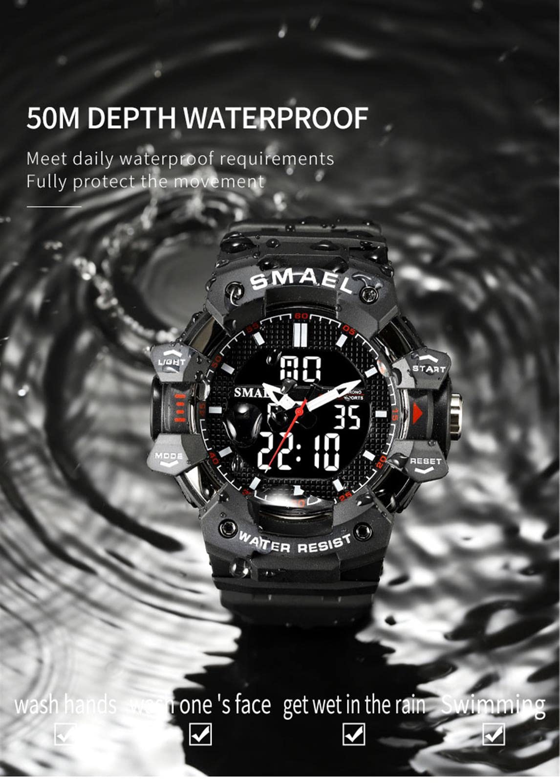 Montres Numériques pour Hommes, Montre de Sport Multifonctionnelle Étanche 50M Lumineux Double Affichage Montres Militaires Rétro-éclairage Montres Bracelets
