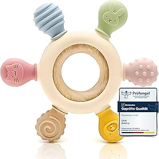 CAJA Beißring Baby BPA freie Zahnungshilfe und Beißspielzeug aus Silikon und Holz Greifring mit Tiermotiv Geschenkidee zur Geburt Sicheres Babyspielzeug für Jungen und Mädchen