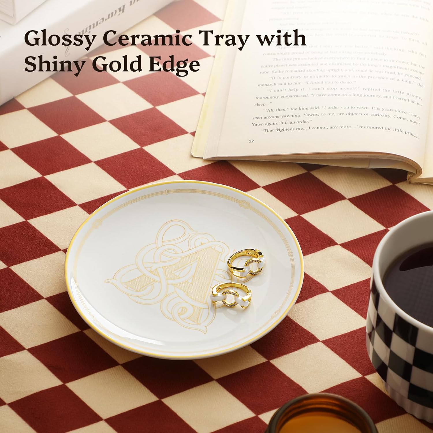 LIFVER 5.25" Ceramic Jewelry Tray, Gold Rim Trinket Dish Jewelry Catchall for Rings, Earrings, Bracelets, Mini Jewelry Bowl for Dresser, Nightstand, Home, Thanksgiving Day Gift for Women (M) - Image 4