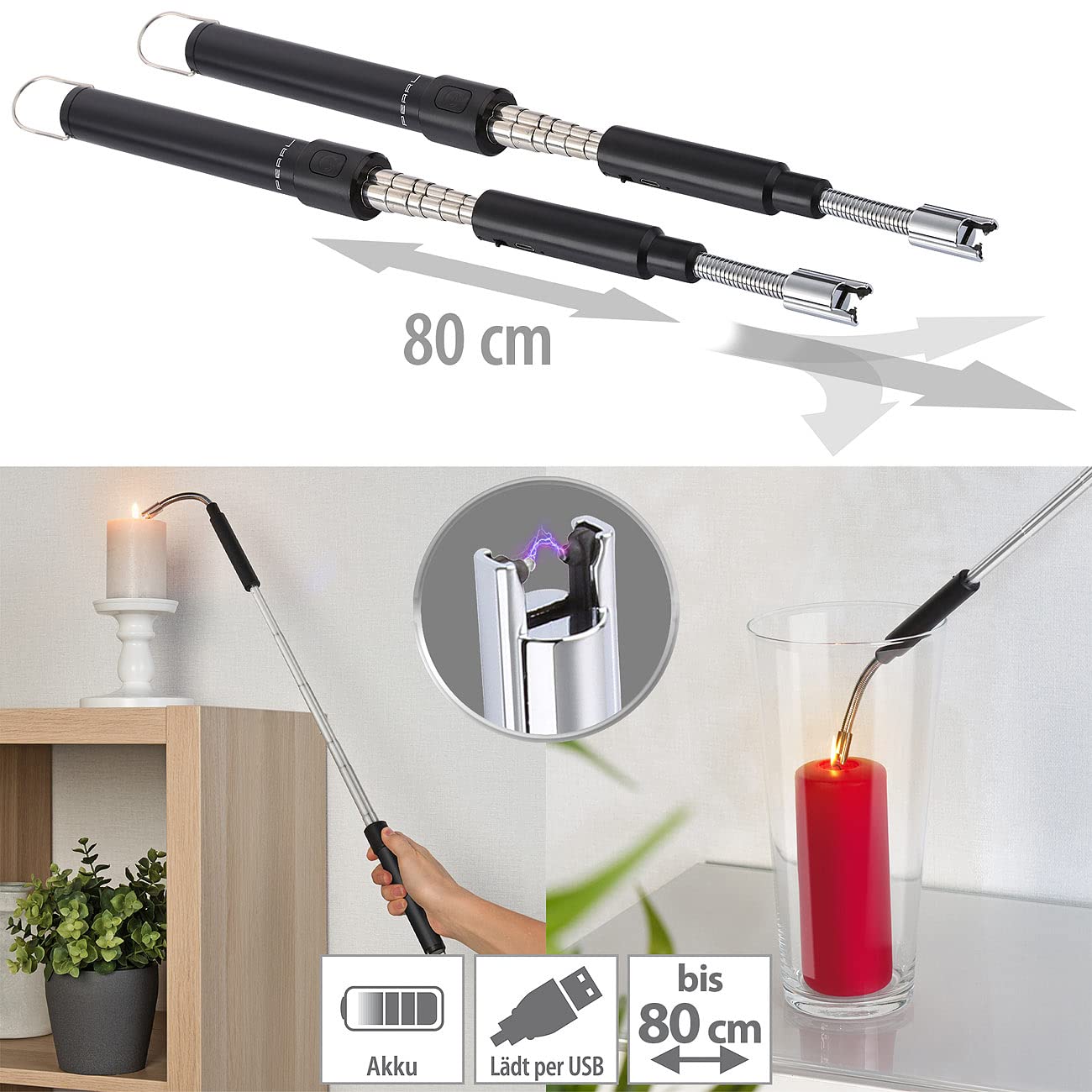 PEARL Lichtbogenfeuerzeug: 2er-Set ausziehbare Teleskop-Akku-Feuerzeuge, USB-Ladefunktion, 80 cm (Feueranzünder, Elektrischer Kerzenanzünder, BBQ)