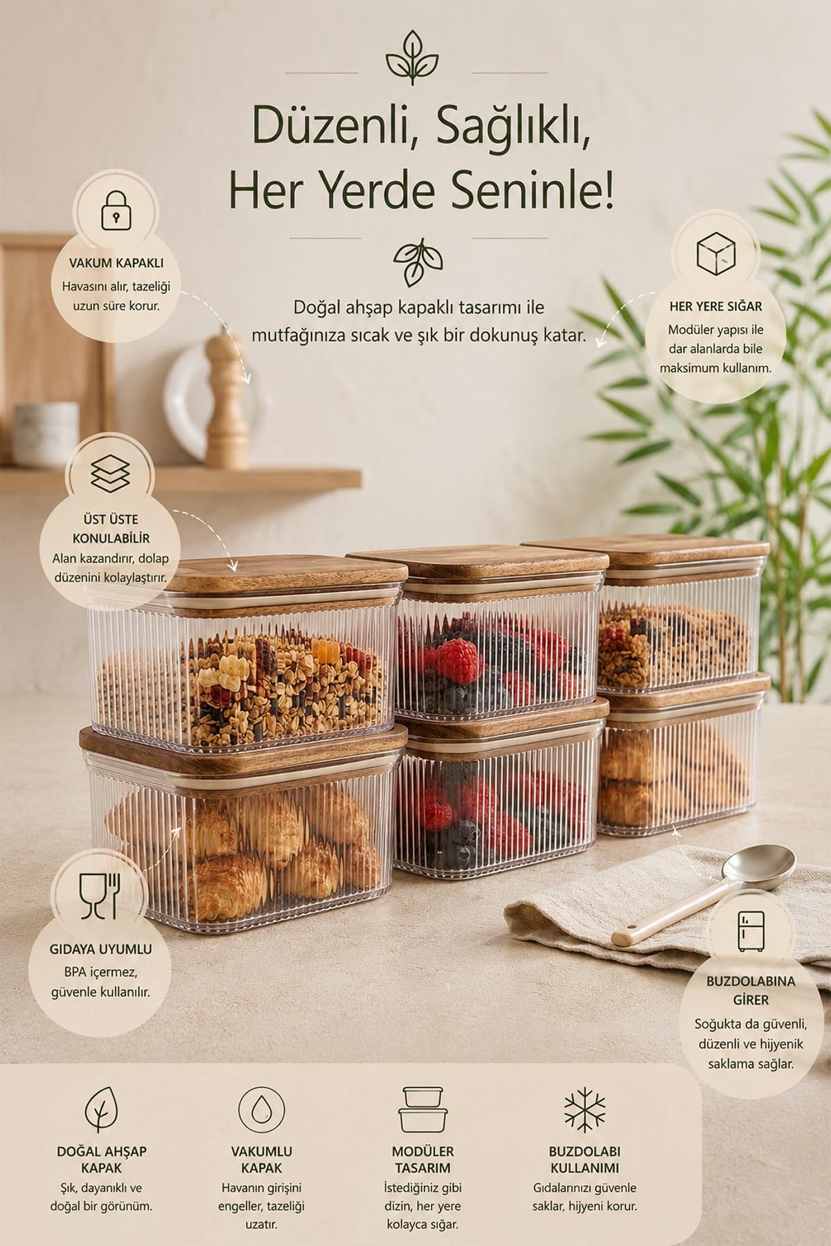 6er Vorratsdosen Set 900 ml mit Holzdeckel und Etiketten – Luftdichte Rechteckige Acryl Vorratsbehälter – Stapelbare Aufbewahrungsdosen für Frühstück, Kaffee, Nüsse und Lebensmittel