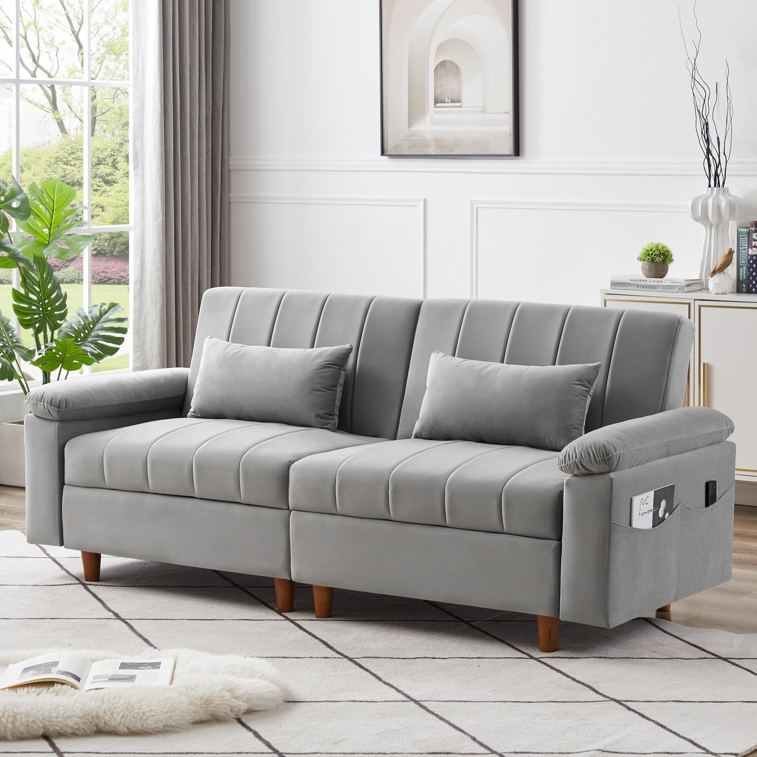 HMFULE 74.4'' Convertible Comfortable Sleeper Velvet Sofa Couch with Storage for Living Room Bedroom Upholstered Folding Modern Futon loveseat Sofabed, Gray