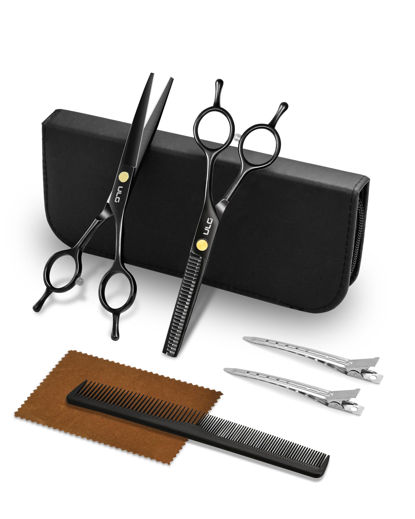 ULG Professionelles Haarschneide-Scheren-Set - 16,5 cm japanische Edelstahl-Barbierschere & Ausdünnungsschere mit Kamm, Clips & Etui - Salon-Haarschneide-Set für Männer, Frauen, Kinder, schwarz