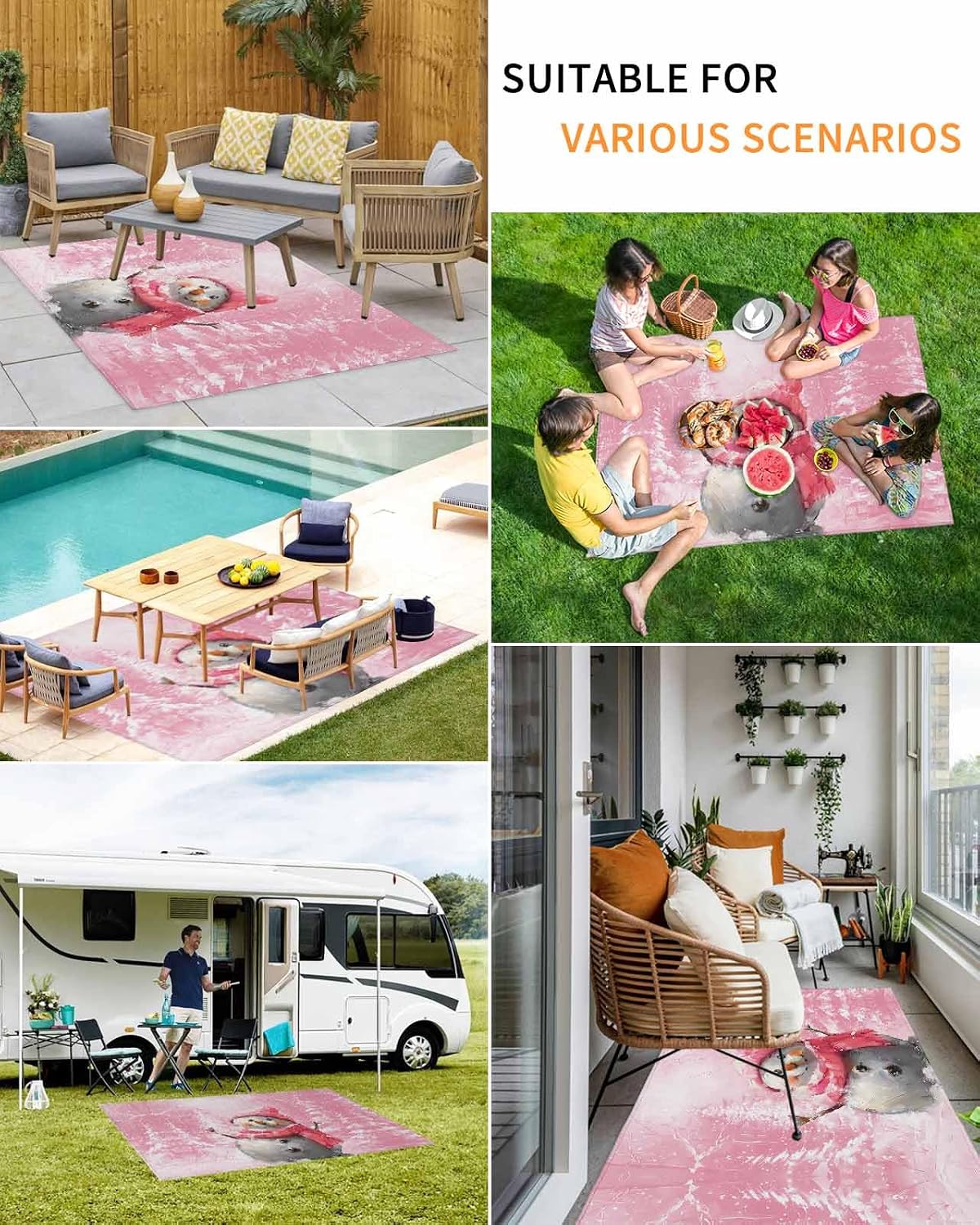 Outdoor Rug, Christmas Tree Snowman Pink Scarf Hat Snow Winter New Year Absorbant Non-Slip Area Rugs Mat Carpet for Patio Balcony Porch Backyard Deck Rv Camping 5x8 ft