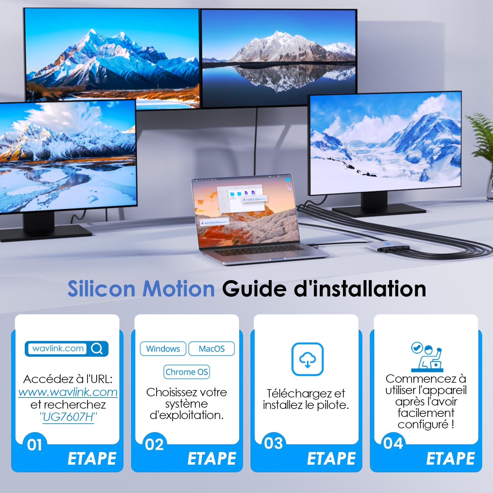 Adaptateur USB C vers HDMI, WAVLINK Adaptateur Quadruple Moniteur pour Systèmes macOS M1/M2/M3/M4. Hôtes Type-C/A, 4 HDMI, Pilote SMI Requis | Universal USB A vers HDMI Extended Dual Triple Display pour Windows, Macbook Neo, Mac M1-M5 Driver requis
