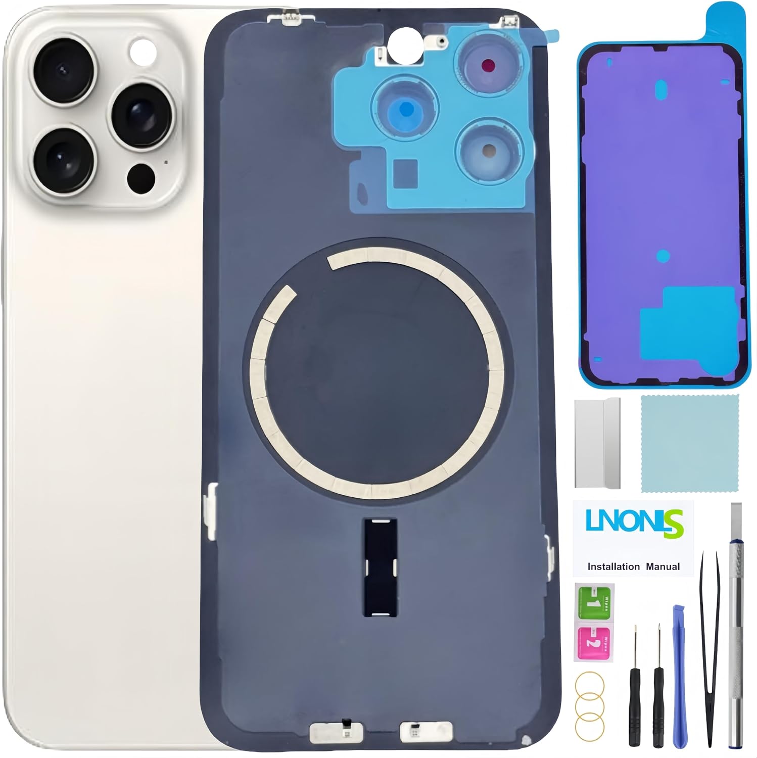 15 Pro Max Back Glass Replacement for iPhone 15 Pro Max Rear Back Cover Glass Waterproof and Camera Lens+Professional Repair Tool Kit (Blue Titanium)