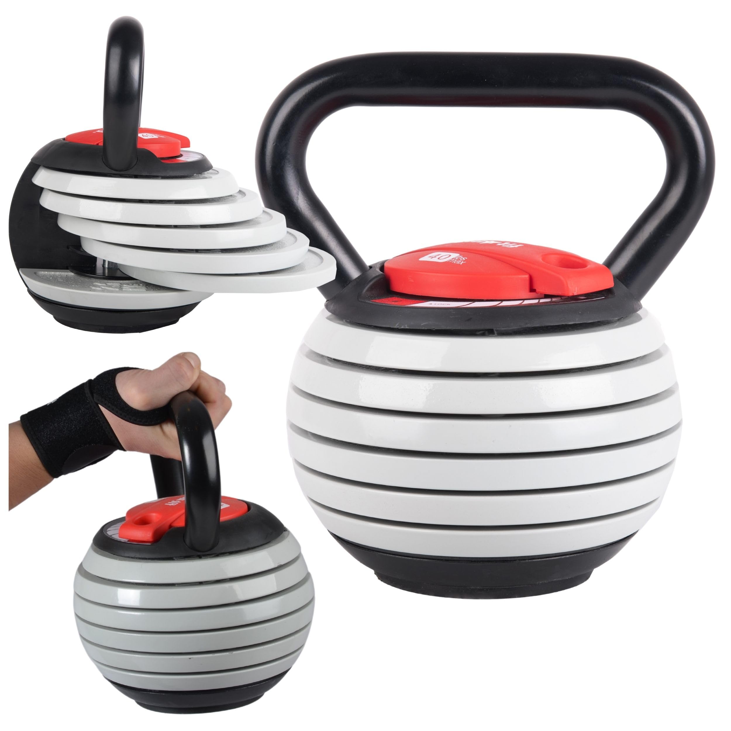 Regulowany Kettlebell, Żeliwny z ABS, 3,5-18,1 kg, 6 Talerzy Obciążeniowych, 28 cm Wysokości, Czarny, Model FIT-954