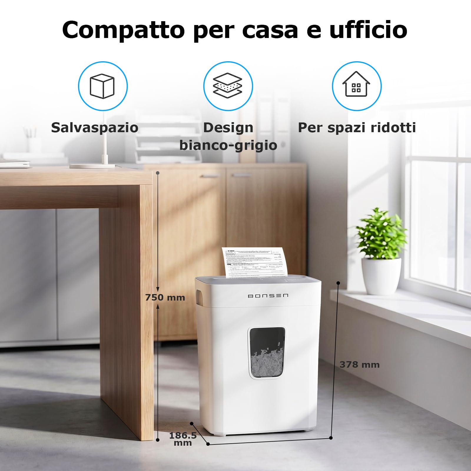 BONSEN Distruggidocumenti Microtaglio 6 Fogli, Livello di Sicurezza P-4 | Può triturare carte di credito e graffette, ciclo continuo 5 min, cestino da 16L con finestra, protezione da surriscaldamento