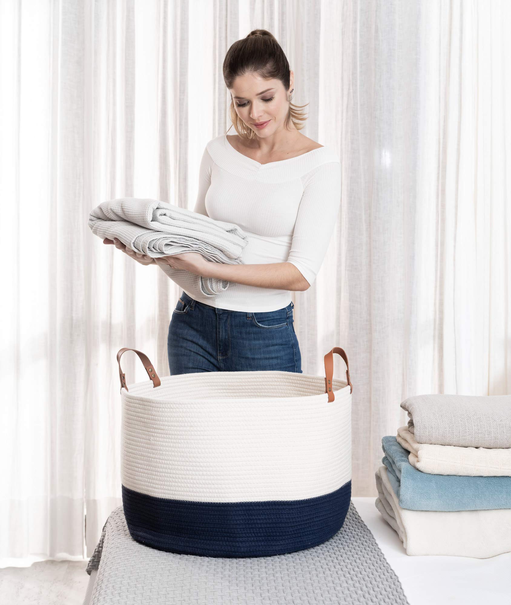 OrganiHaus Laundry Basket With Leather Handles, Extra Large Woven Cotton Rope Bin for Clothes Pillows & Towels - Image 4